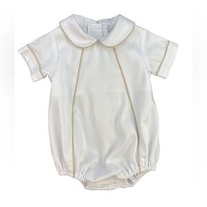 LULLABY SET Baby Knit Short Sleeve Bubble with Peter Pan Collar and Tan Trim- 6M